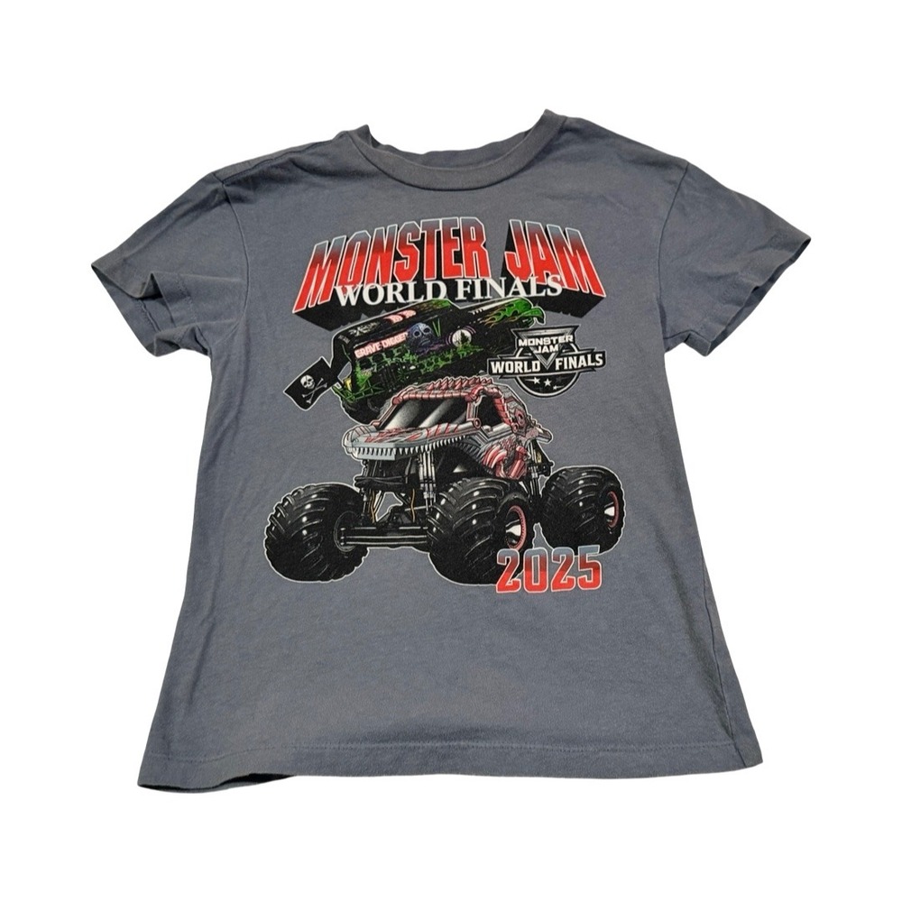 Monster Jam World Finals 2025 Kids Boys Shirt Grave Digger El Toro Loco Gray 6/7
